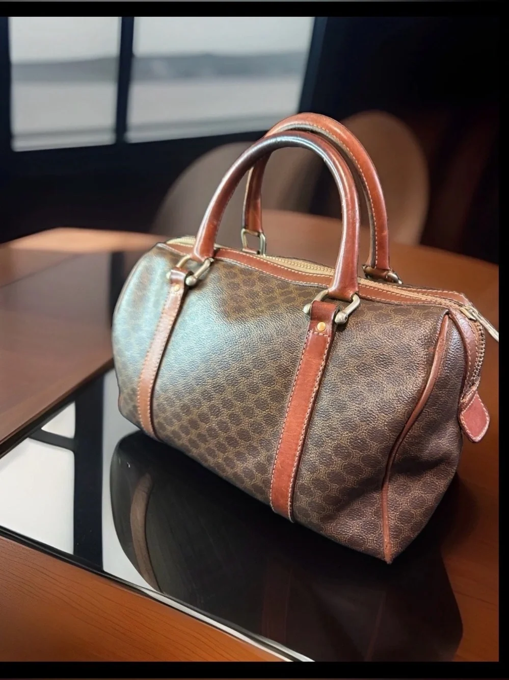 CELINE Brown Logo Satchel/Boston Handbag Zip Closure